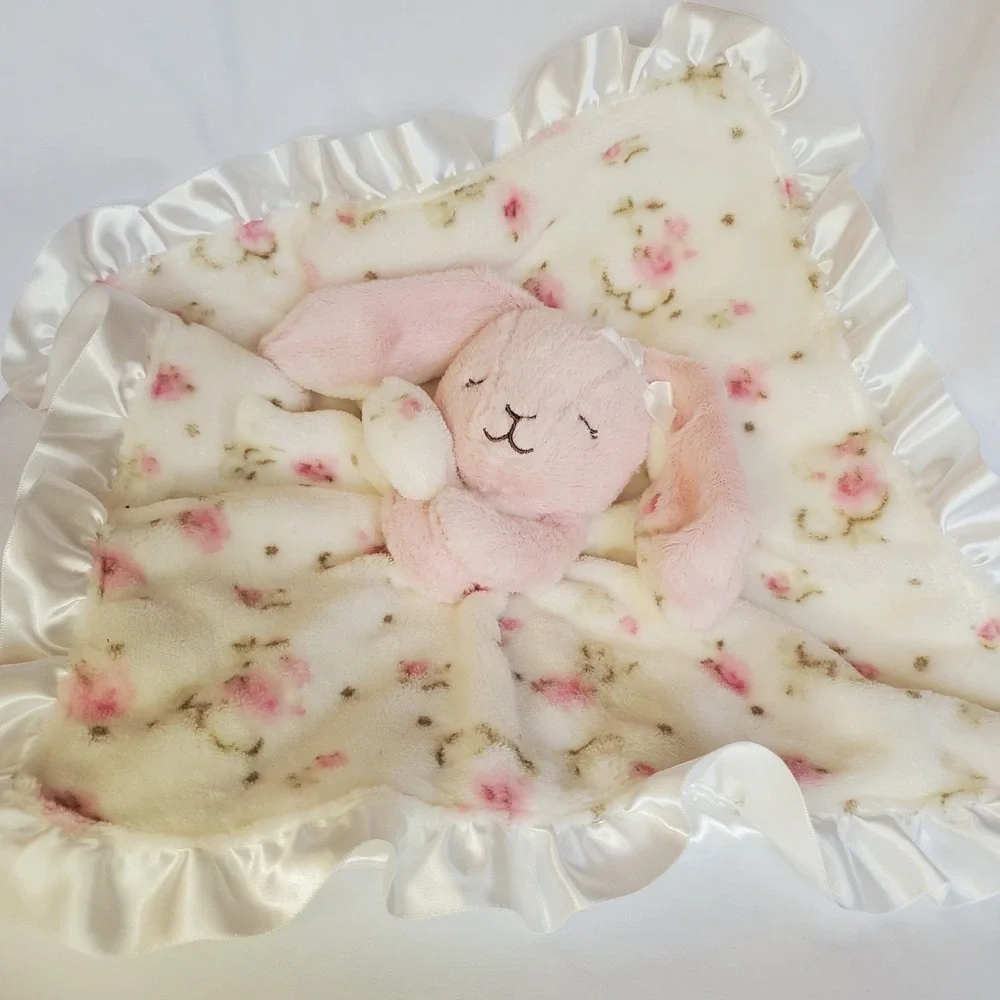 Little Me Pink Floral Bunny Rabbit Lovey Baby  Security Blanket Satin‎ Easter